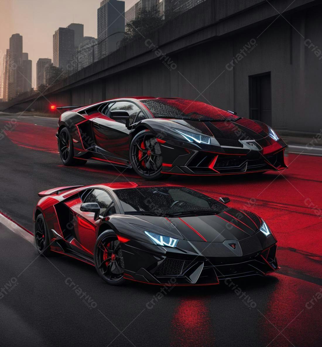 Lamborghinis pretas e vermelhas em pista molhada