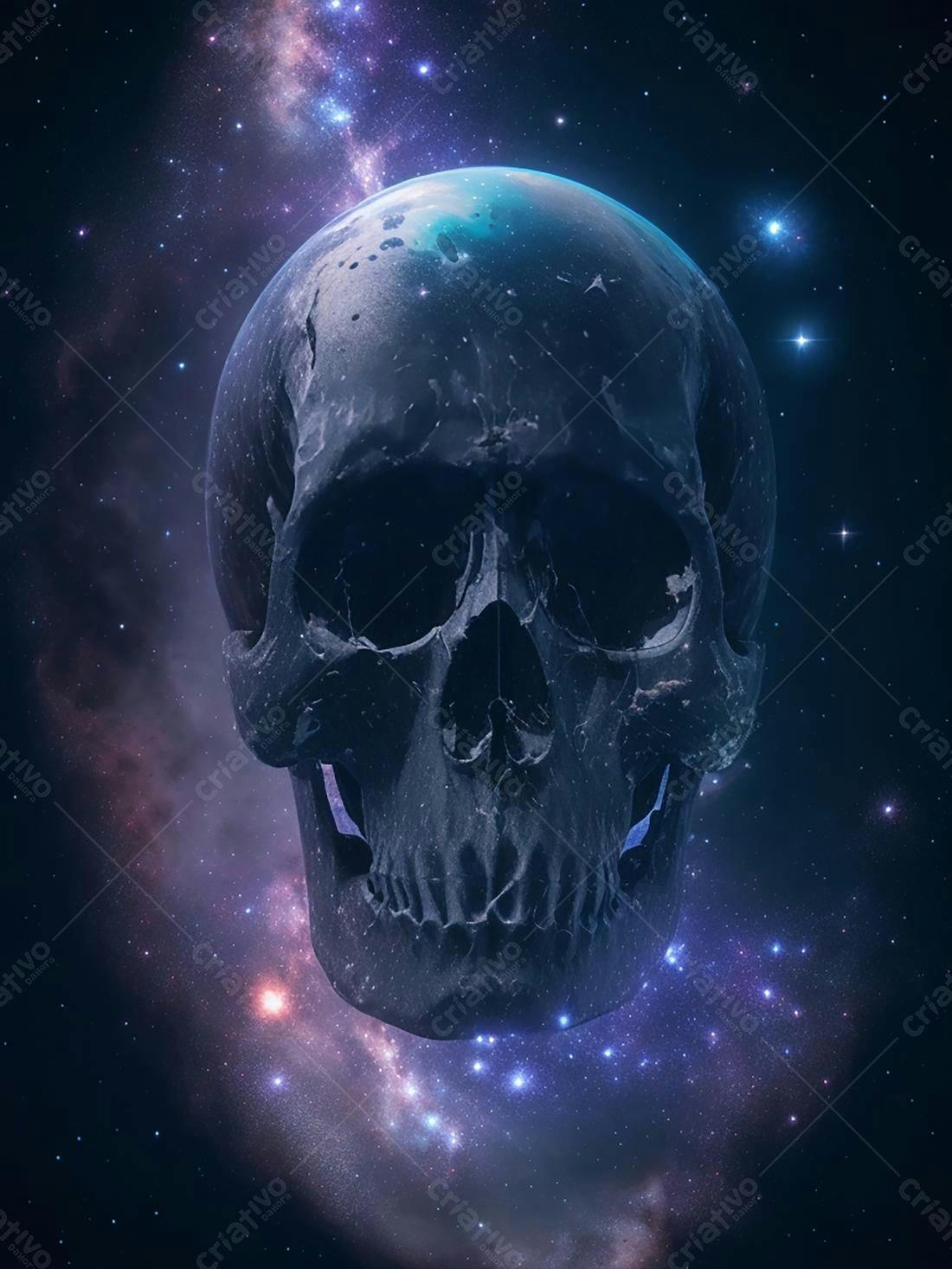Crânio espacial tons azuis e roxos
