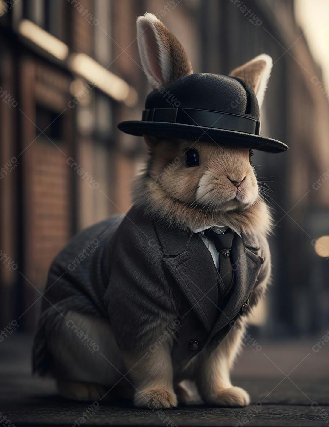 Coelho elegante usando terno e chapéu