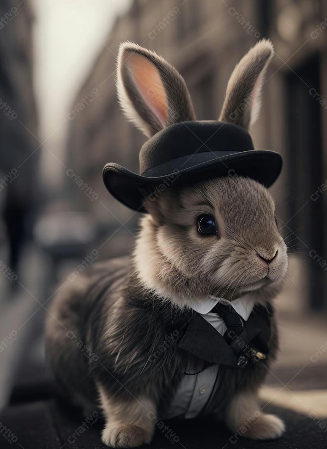 Coelho elegante usando chapéu e terno