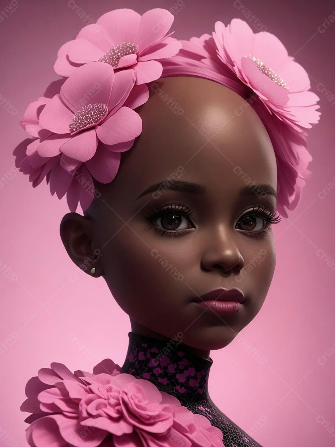 Menina negra com flores rosas