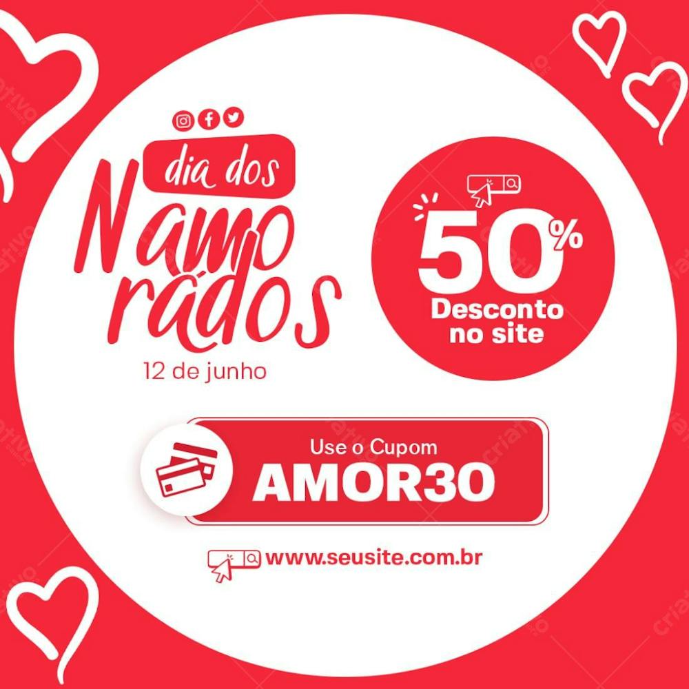 Desconto De 50% No Site Com O Cupom Do Dia Dos Namorados Social Media Psd Editável