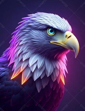 Majestosa ave de rapina preta ou águia com luz roxa observando