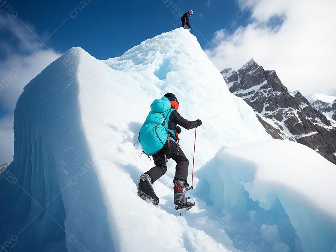 Montanhistas escalando geleira azul