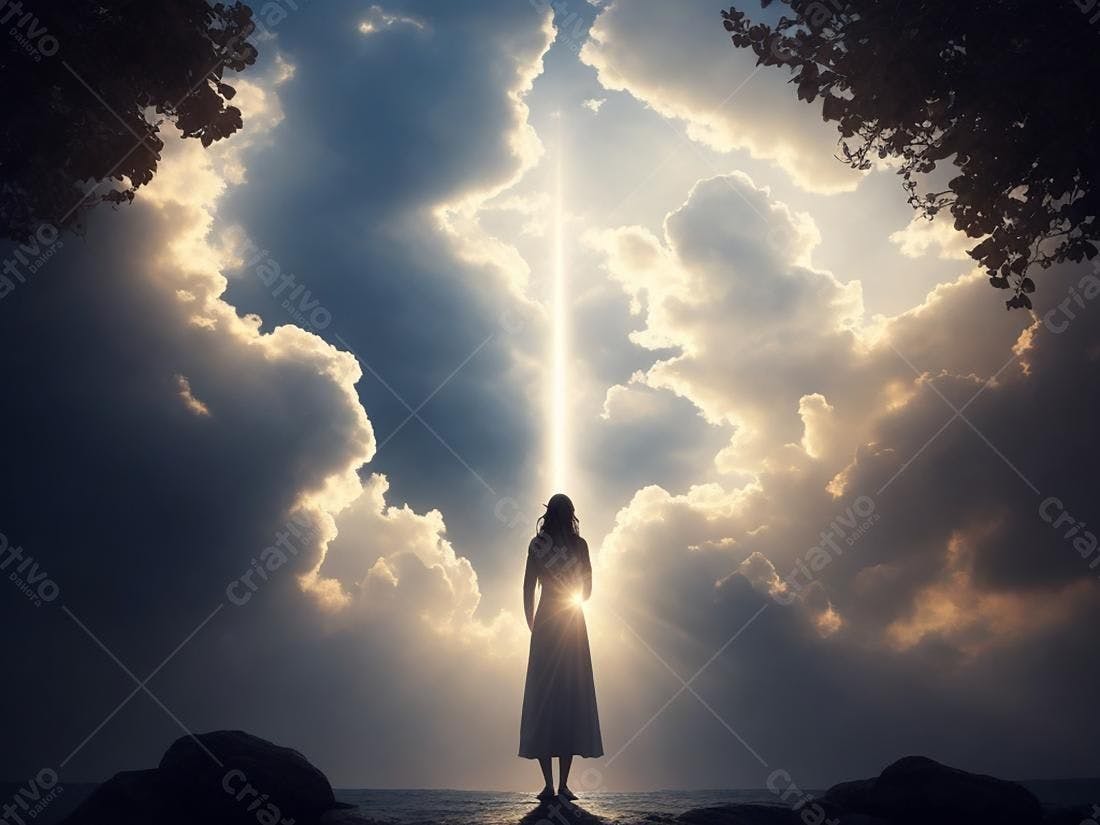 Mulher contemplando luz celestial no mar
