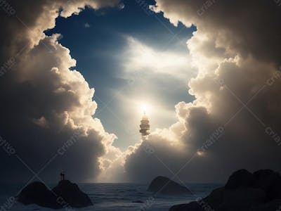 Farol ao amanhecer nuvens e mar com montanhas