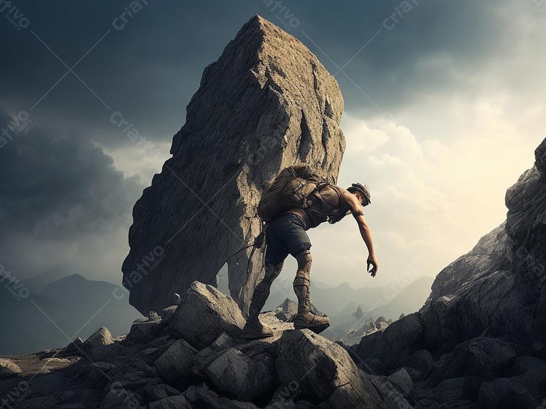 Montanhista carregando rocha em montanha rochosa