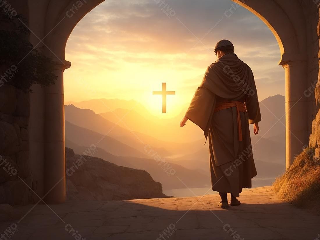 Homem contemplando cruz ao amanhecer