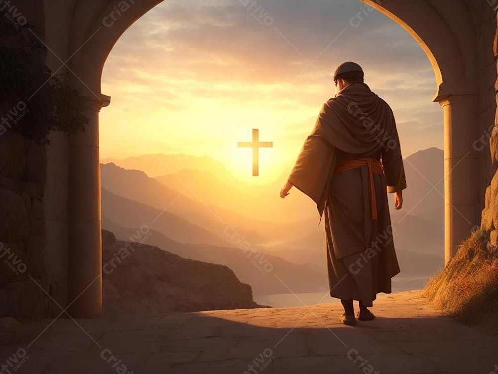 Homem religioso ou padre observando o por do sol com uma cruz