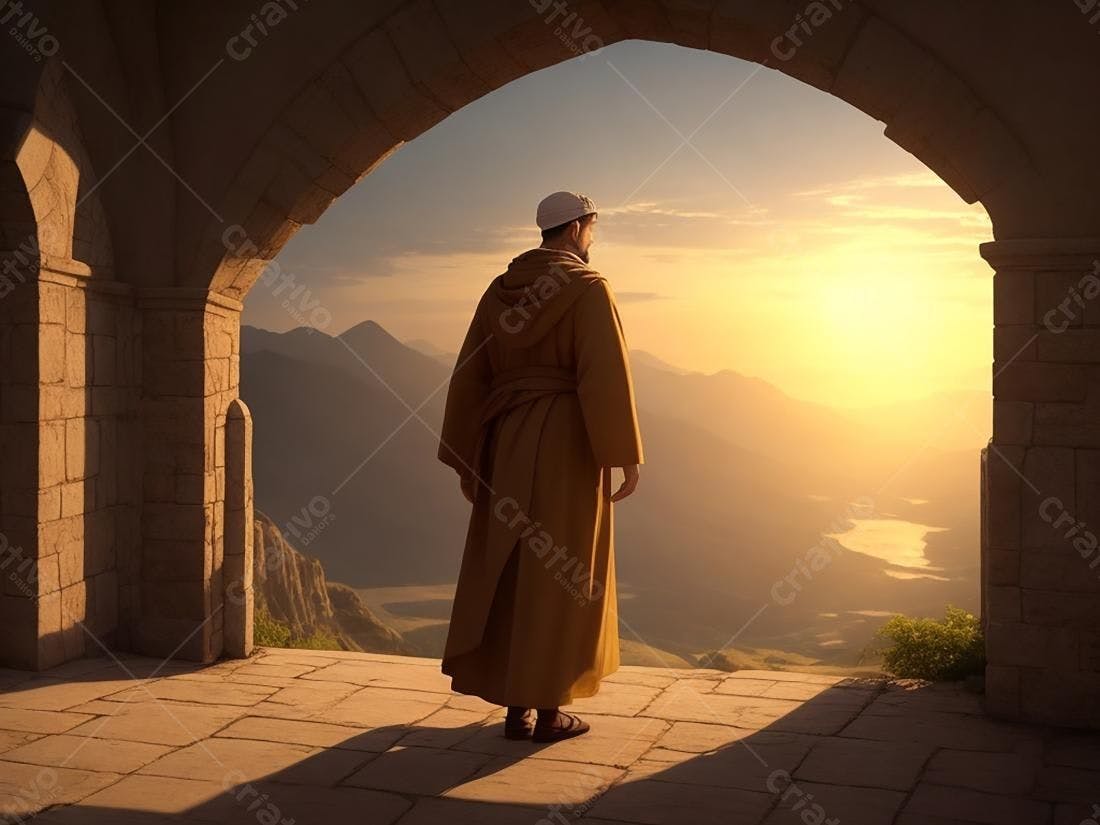 Homem contemplando paisagem ao pôr do sol