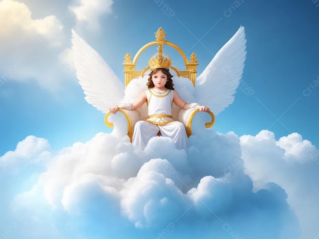 Criança anjo coroado em trono nas nuvens