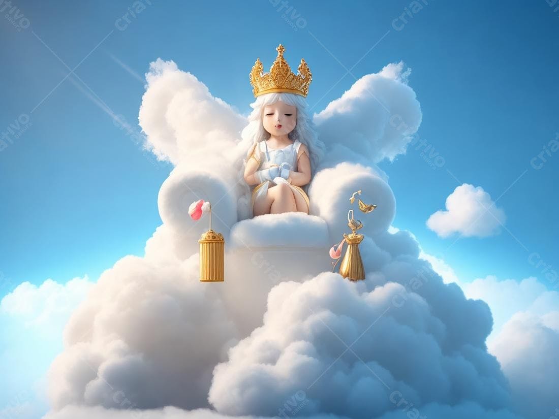 Princesa em trono de nuvens com coroa dourada