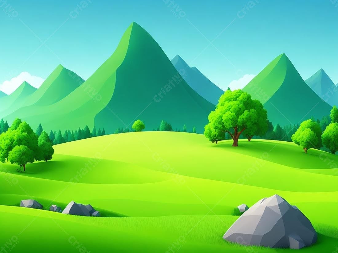 Paisagem verdejante com montanhas e árvores