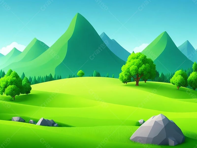 Ilustração com montanhas verdes arvores e pedras