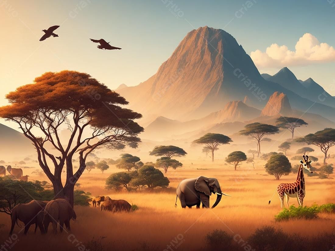 Savana africana com elefantes e girafa ao pôr do sol