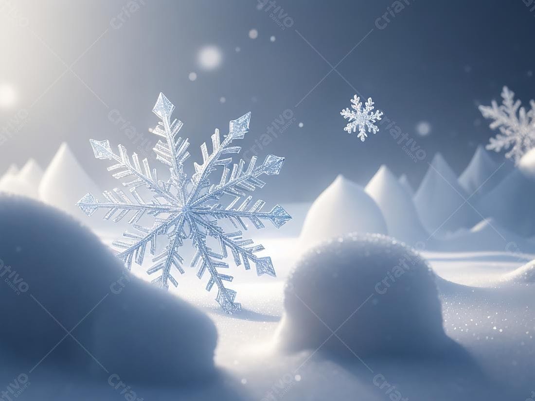 Flocos de neve cristalinos em paisagem nevada