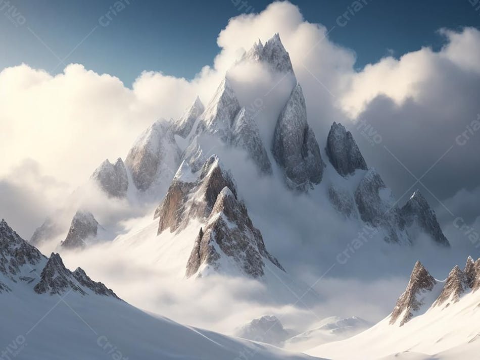Paisagem de montanha nevada céu azul e nuvens