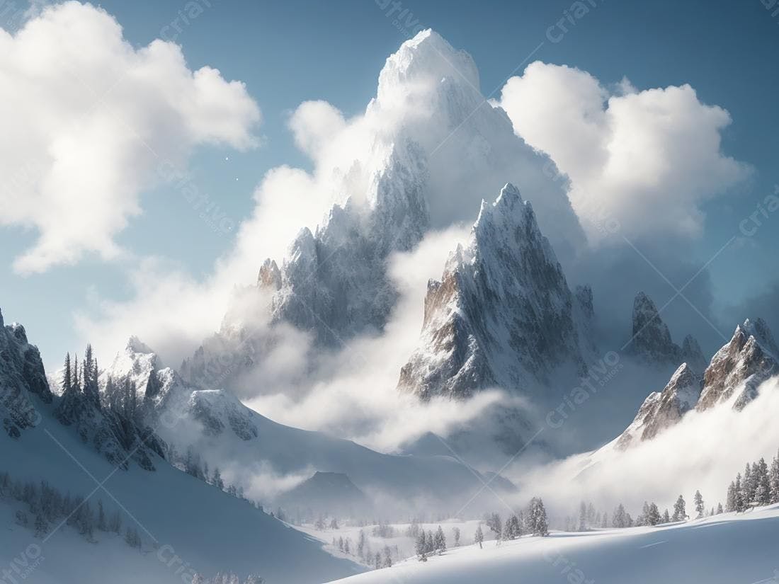 Montanhas nevadas cobertas por nuvens