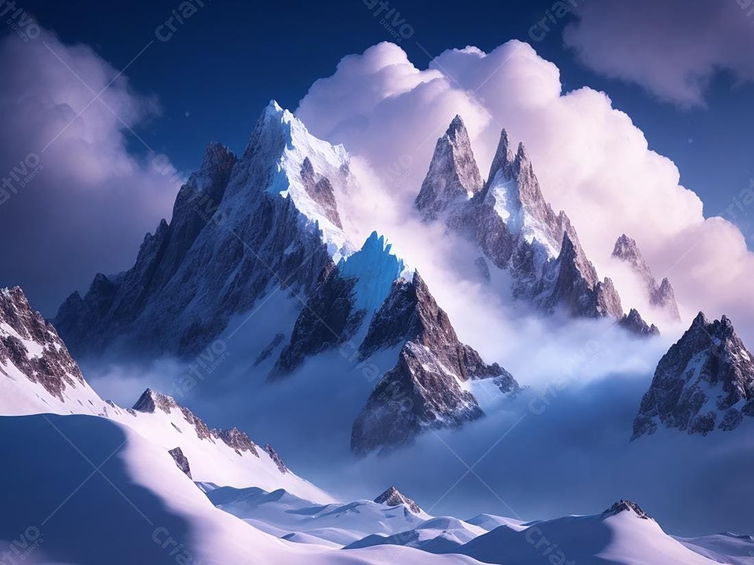 Montanhas nevadas cobertas por nuvens no crepúsculo