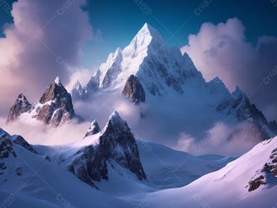 Paisagem de montanha nevada céu azul e nuvens