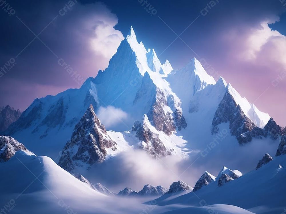Paisagem de montanha nevada céu azul e nuvens