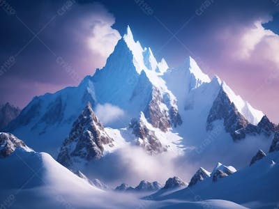 Paisagem de montanha nevada céu azul e nuvens