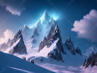 Paisagem de montanha nevada céu azul e nuvens