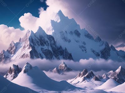 Paisagem de montanha nevada céu azul e nuvens