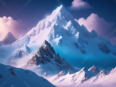 Paisagem de montanha nevada céu azul e nuvens