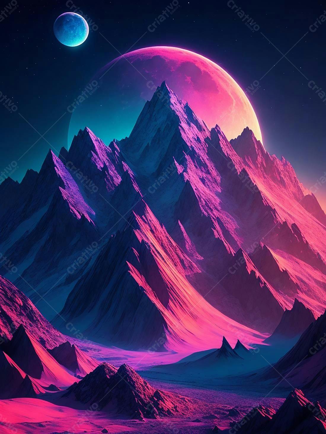 Montanhas Rosa e Roxa sob Lua e Planeta Gigante