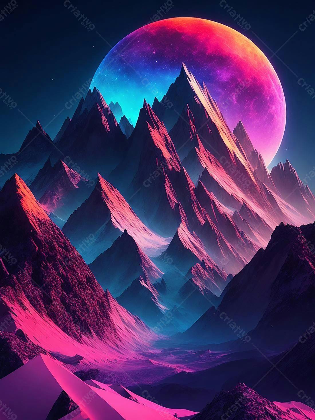 Montanhas vibrantes sob lua rosa e azul