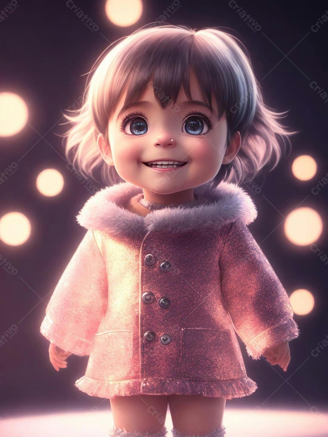 Menina fofa com casaco rosa em fundo iluminado