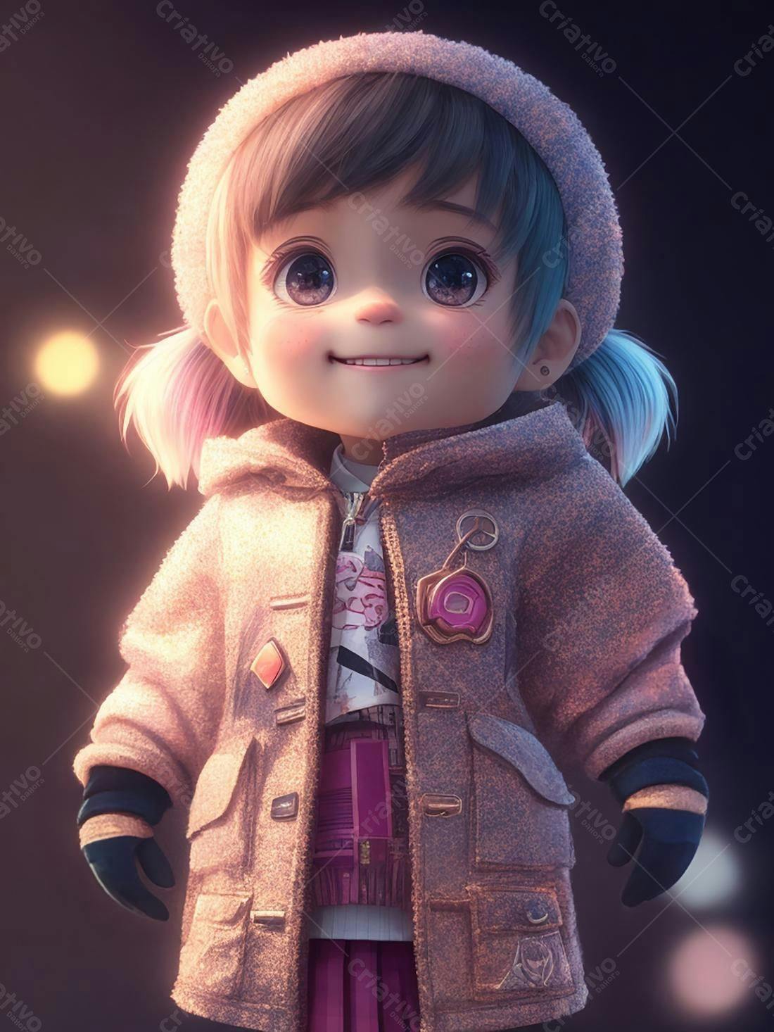 Menina fofa com casaco rosa em noite iluminada