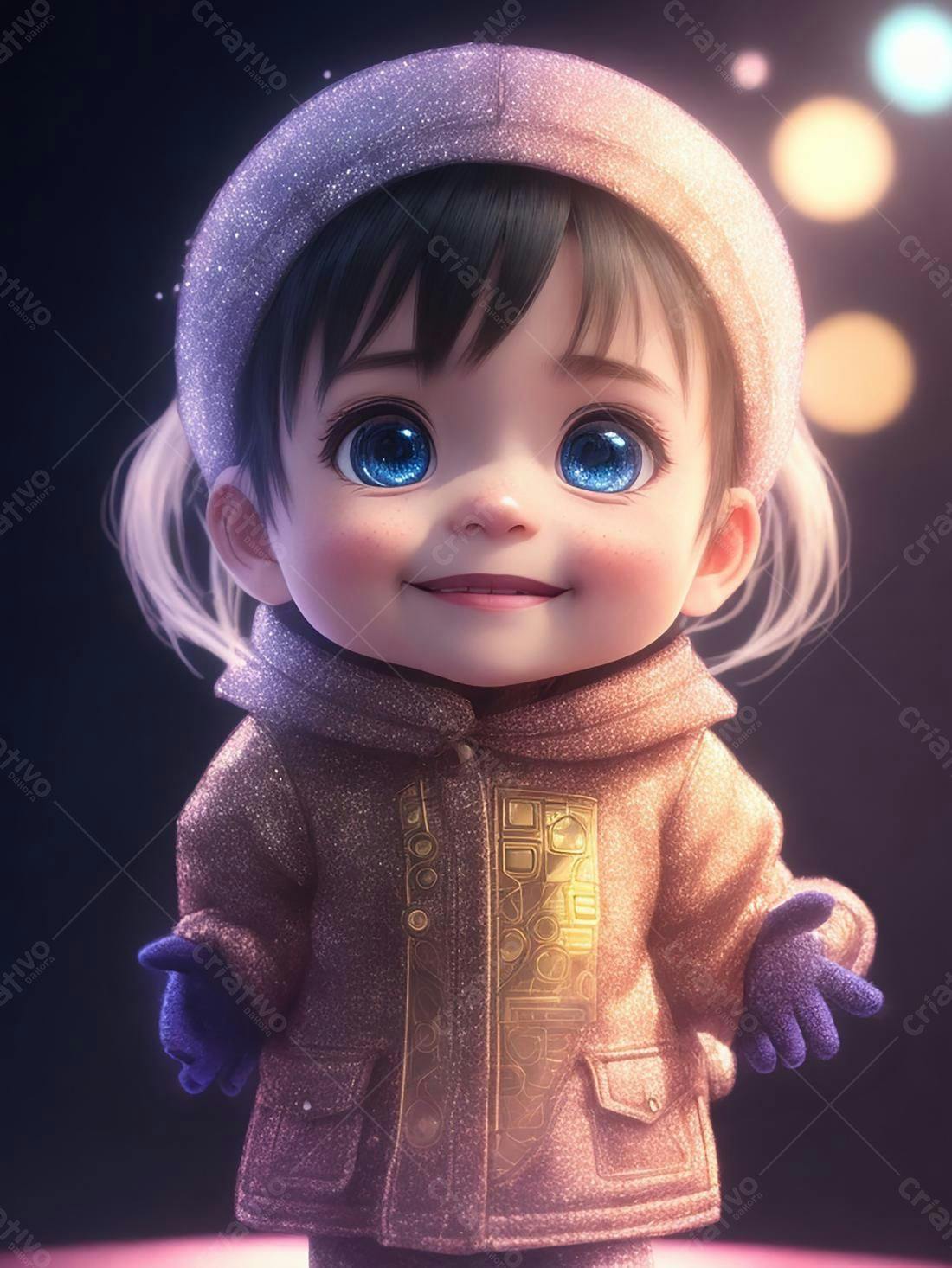 Menina fofa com casaco dourado e gorro