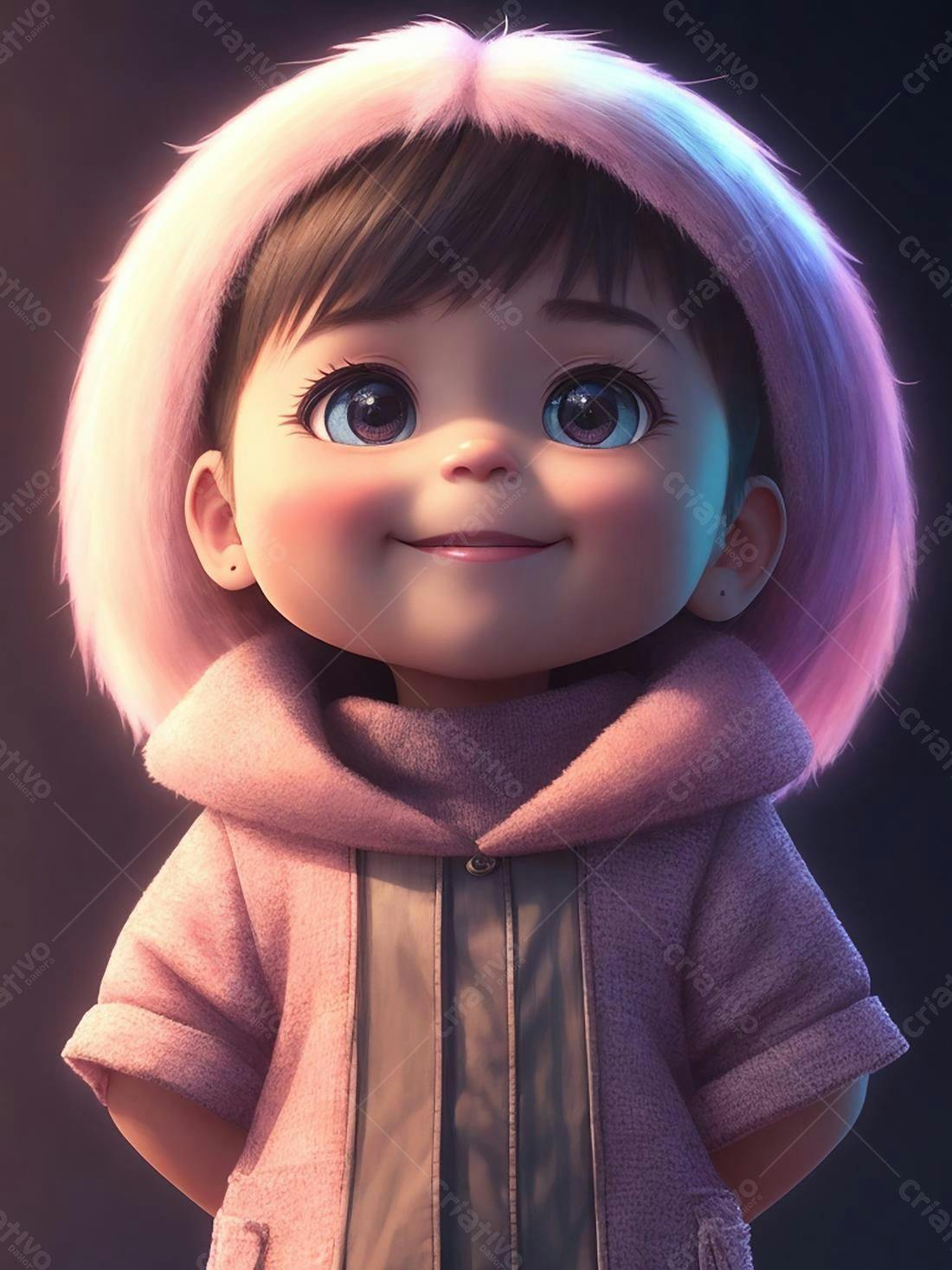 Menina fofa com capuz rosa e olhar doce