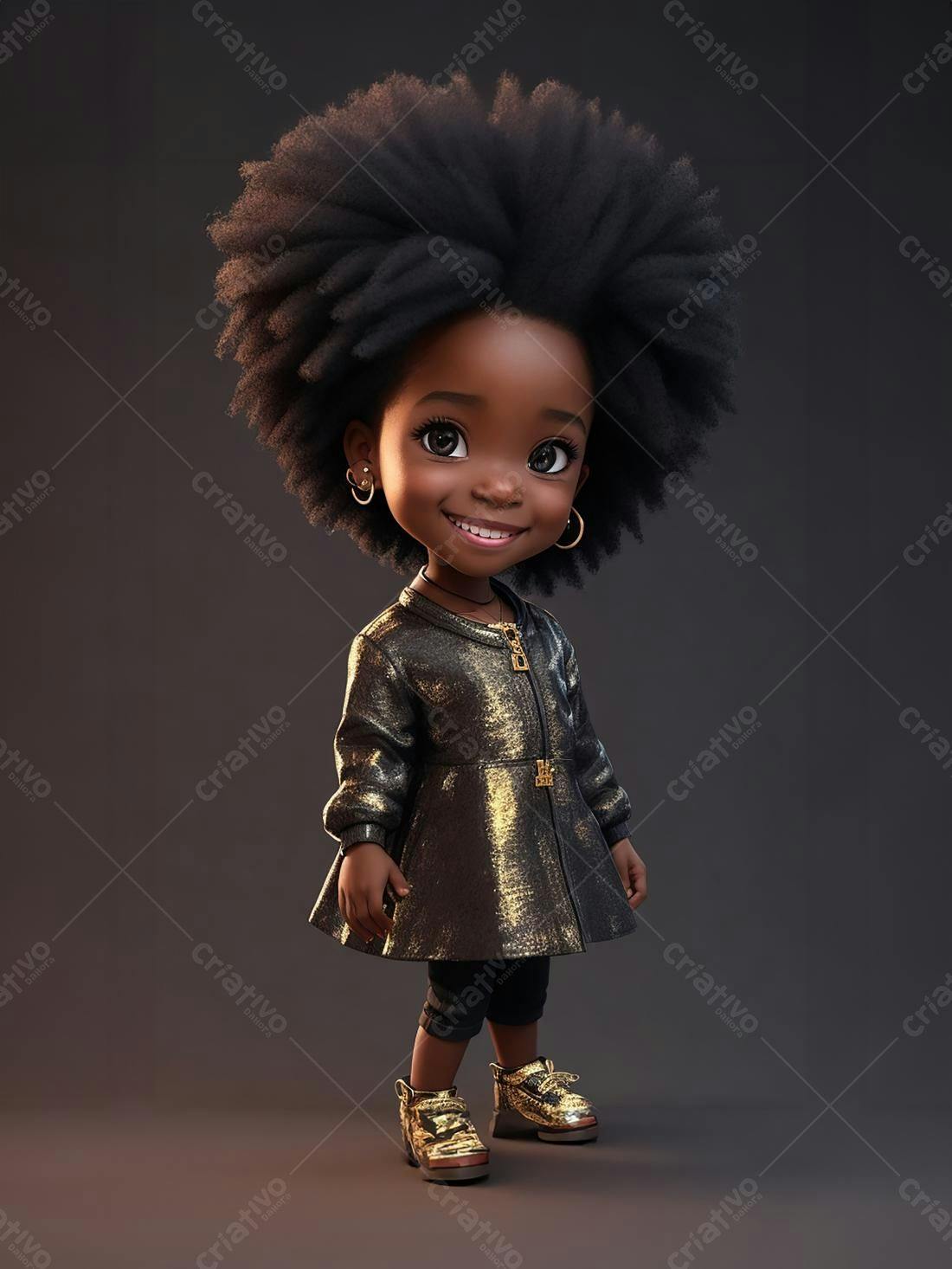 Menina negra sorrindo com roupa dourada