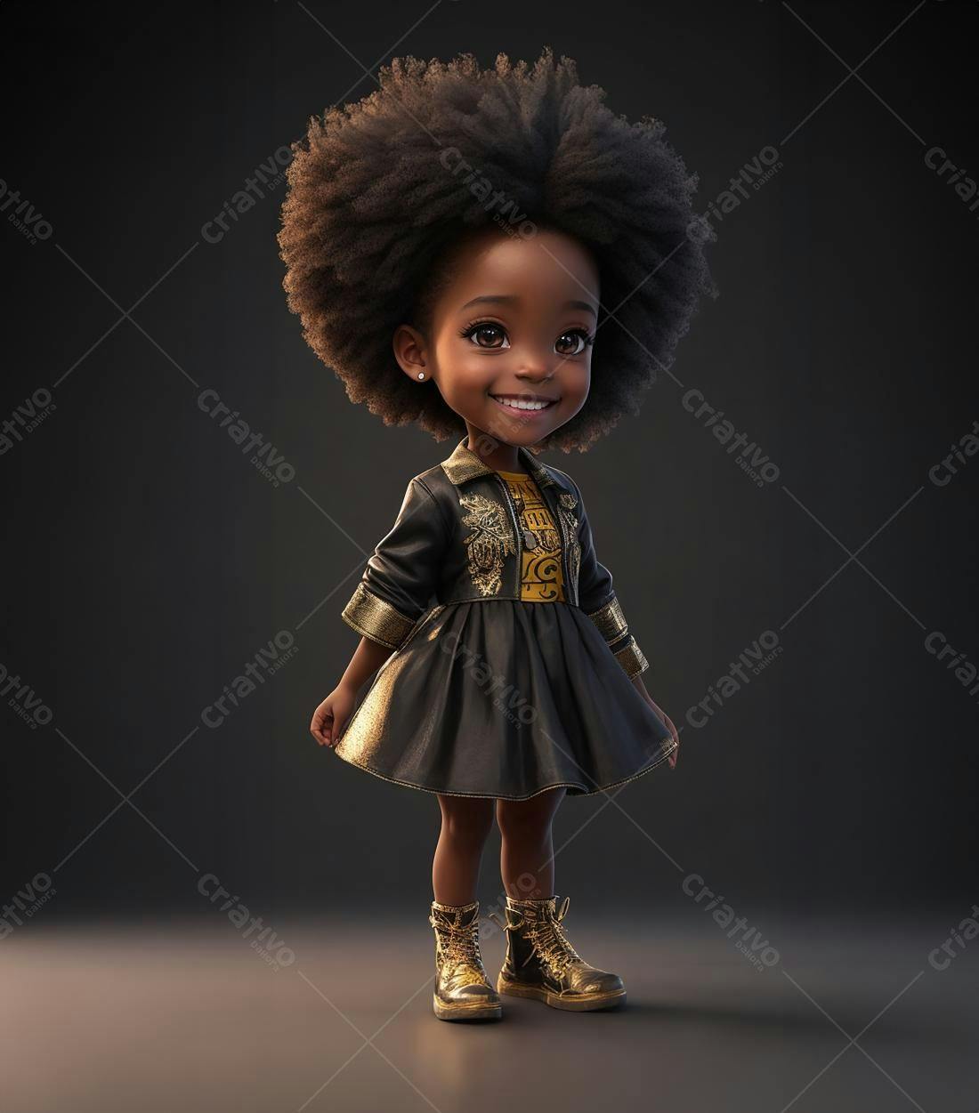 Menina negra sorrindo com roupa dourada