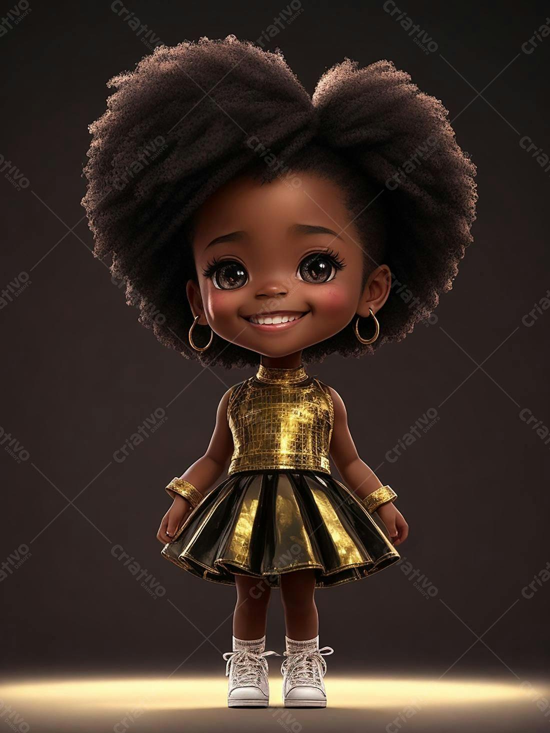 Menina negra sorridente em vestido dourado