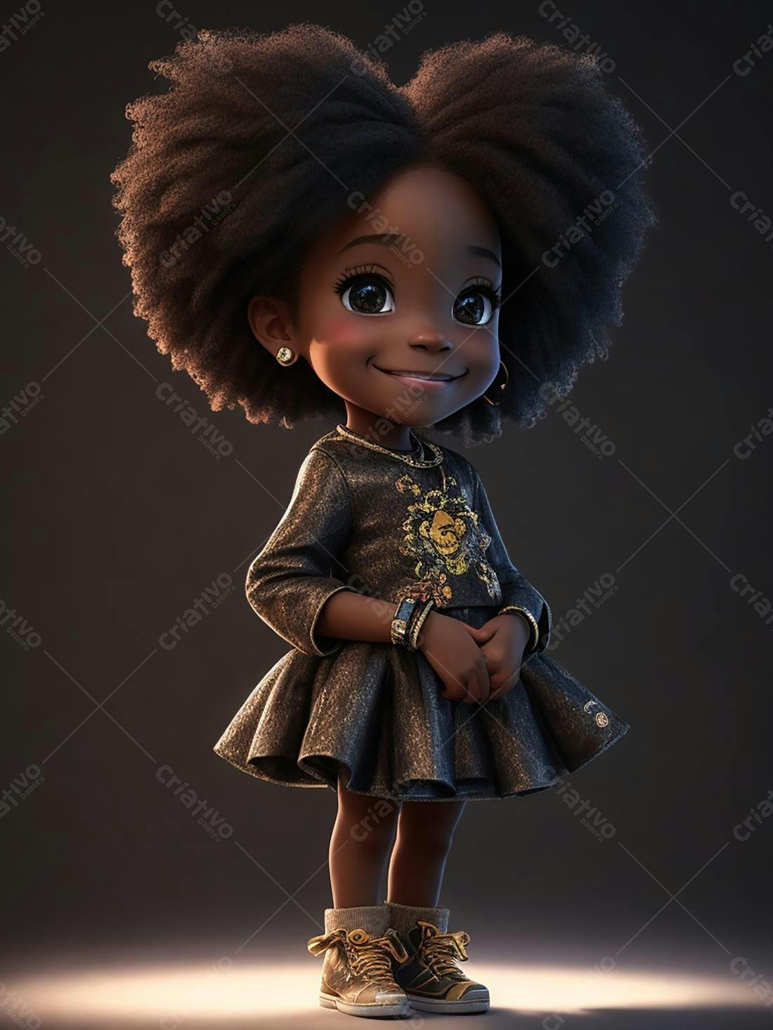 Menina negra fofa em vestido dourado