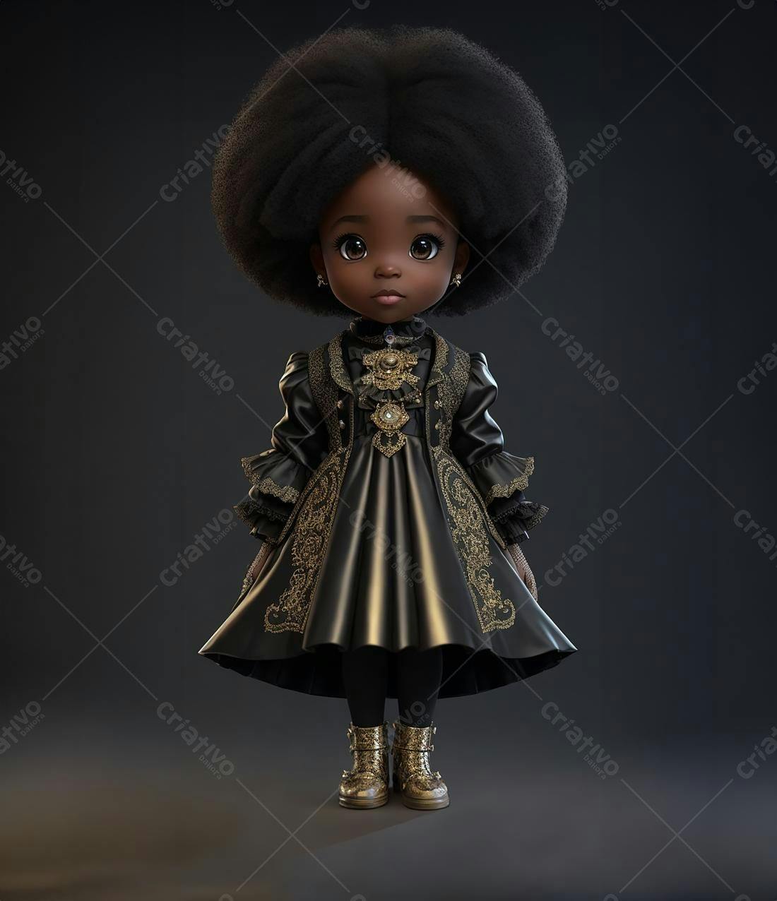 Boneca negra em vestido dourado e preto