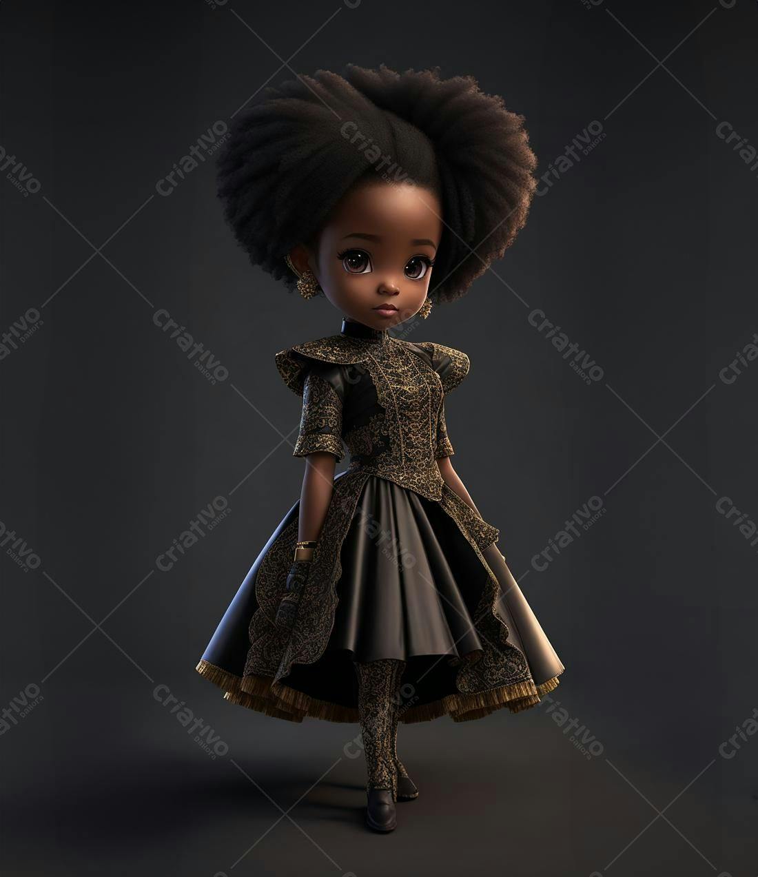 Menina negra em vestido elegante dourado e preto