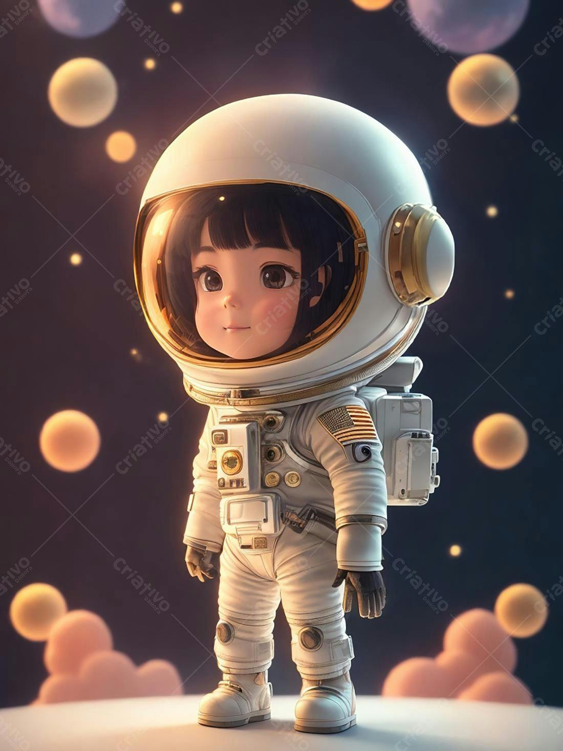 Menina astronauta fofa no espaço