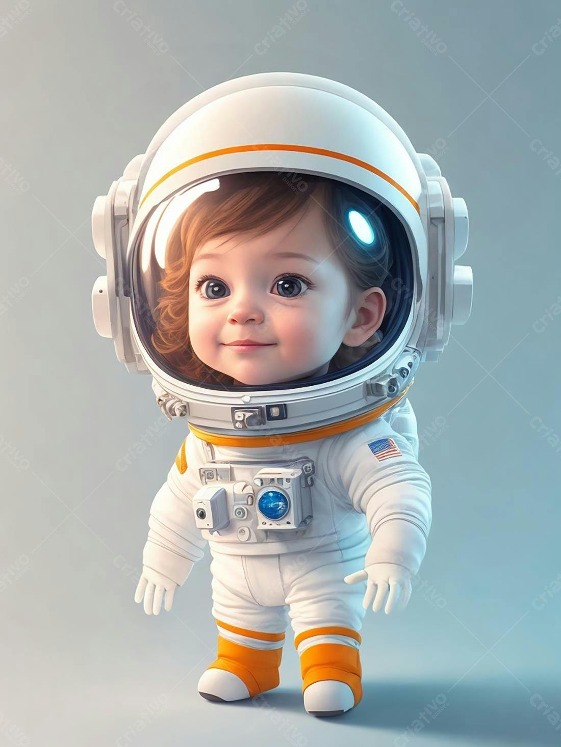 Bebê astronauta com traje espacial branco e laranja
