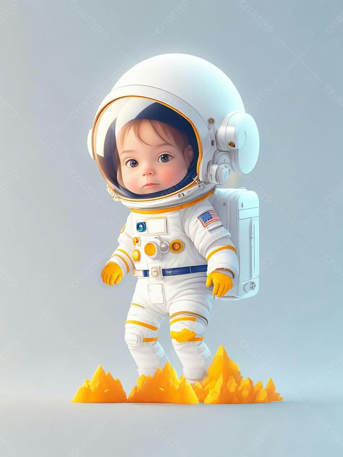 Bebê astronauta em traje espacial branco e amarelo
