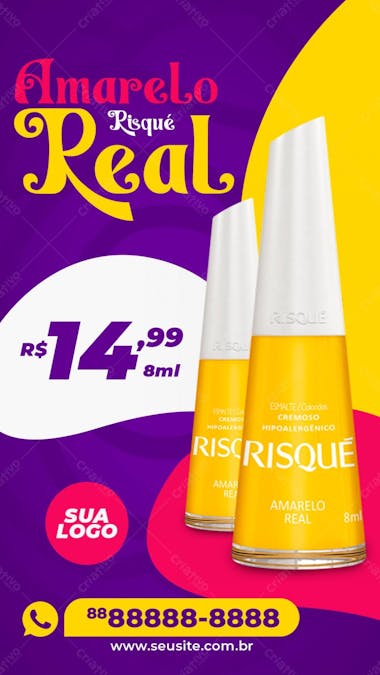 Stories esmalte amarelo real risqué manicure social media psd editável