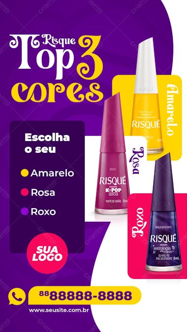 Top 3 cores de esmaltes risqué manicure social media psd editável