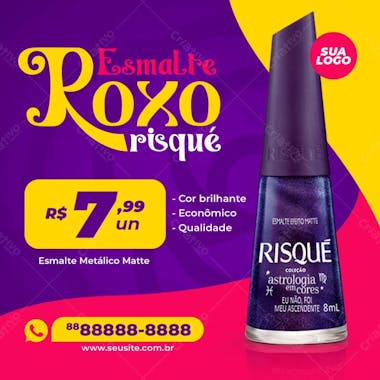 Esmalte roxo risqué manicure social media psd editável