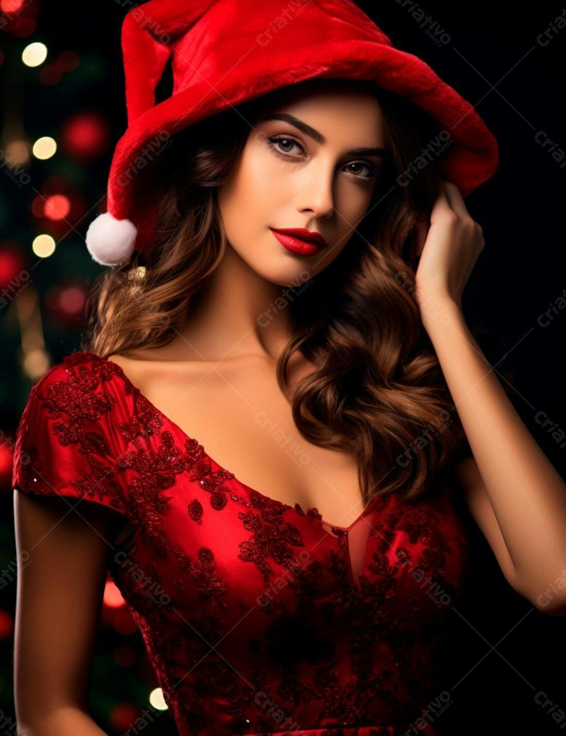 Modelo usando vestido vermelho e chapéu de Papai Noel