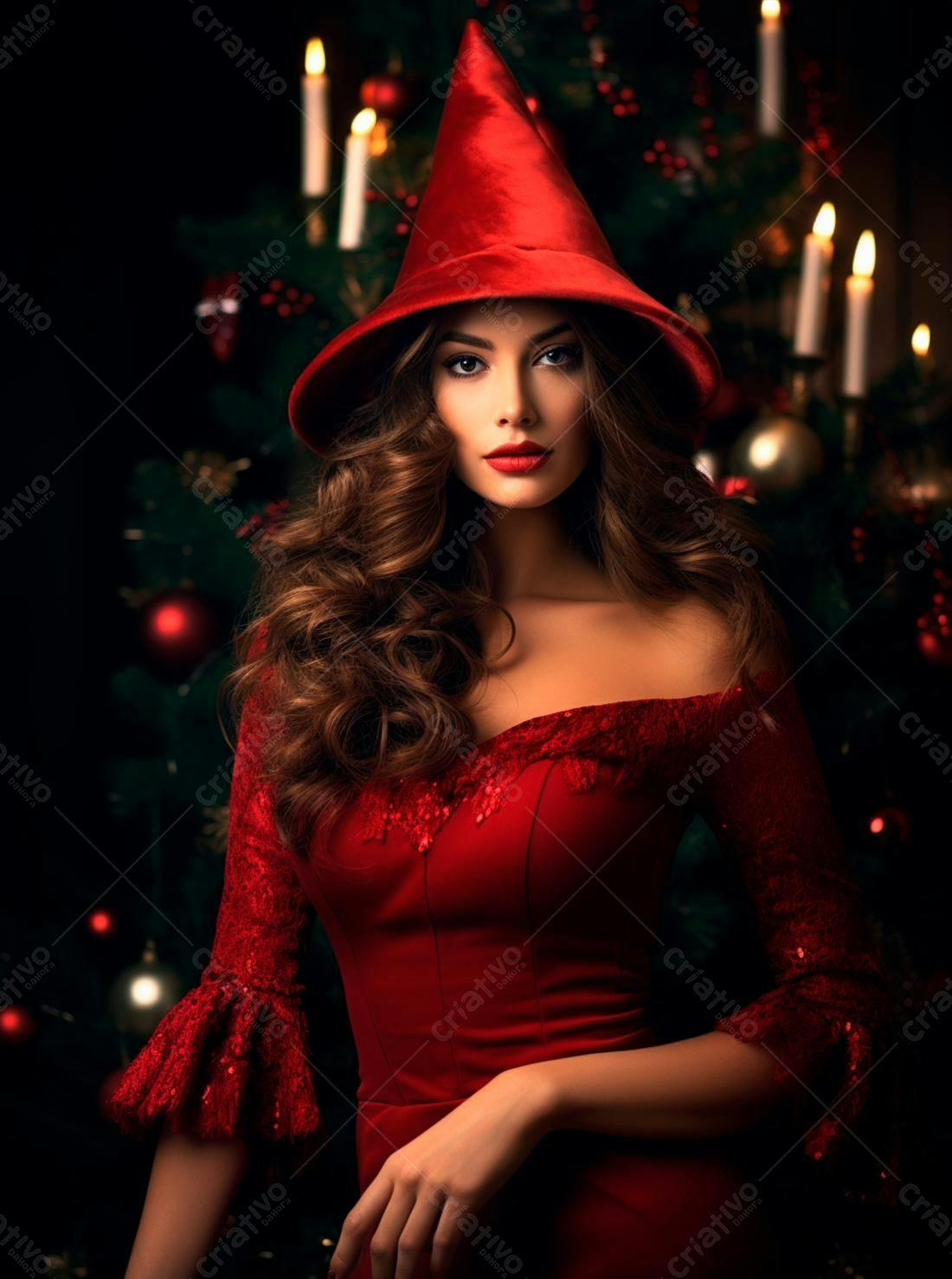 Modelo usando vestido vermelho chapéu natalino