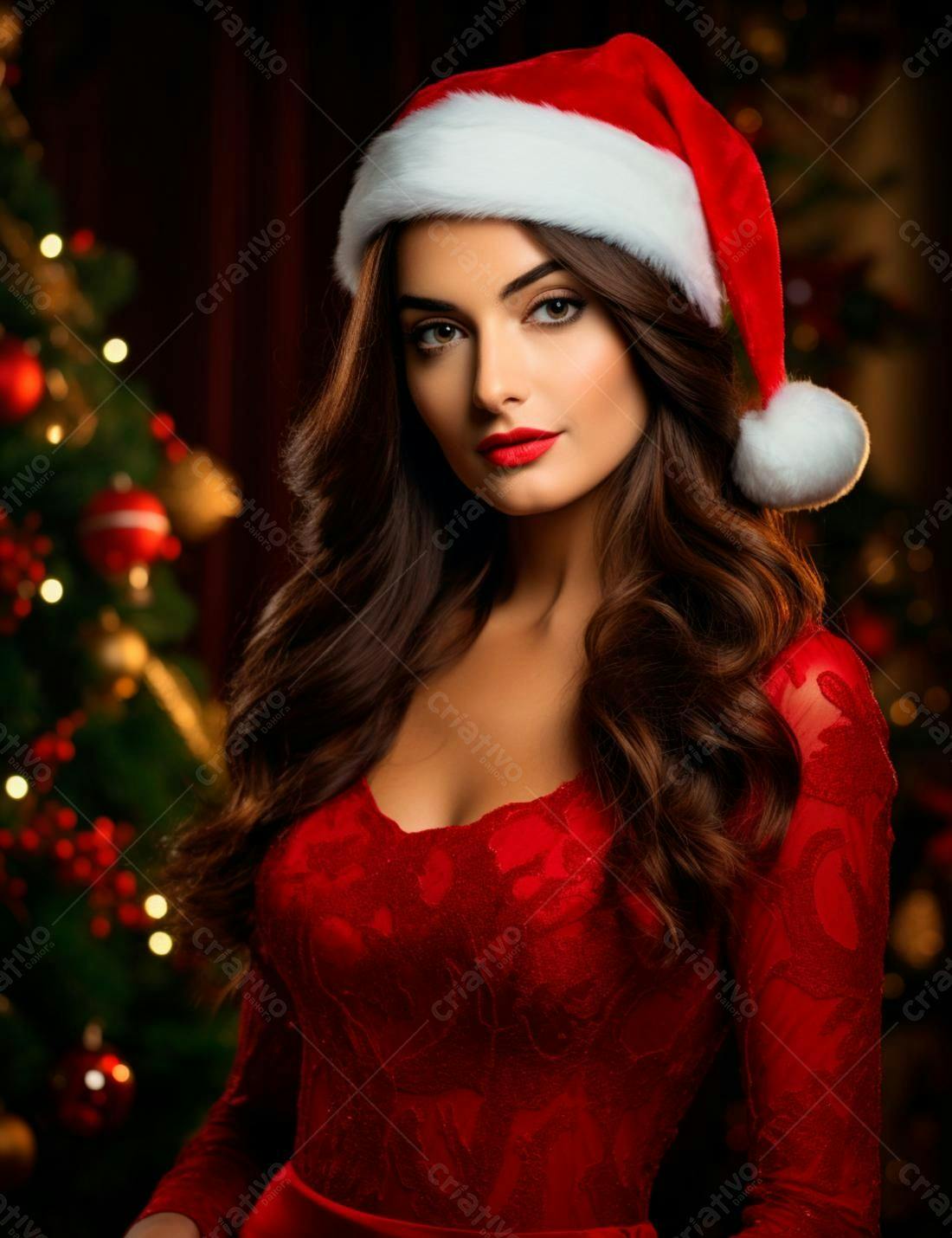 Mulher em vestido vermelho chapéu Papai Noel Natal